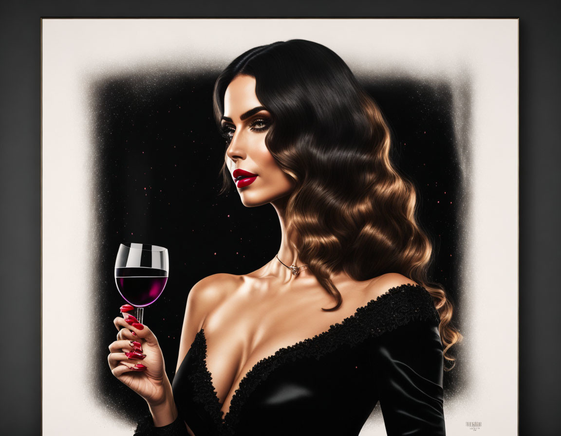 Dark-haired woman with red wine in elegant illustration