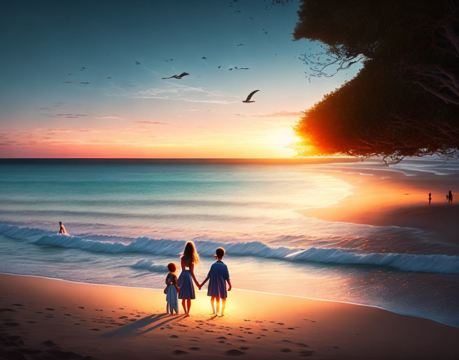 Three people holding hands watching sunset on beach with rolling waves and bird silhouettes
