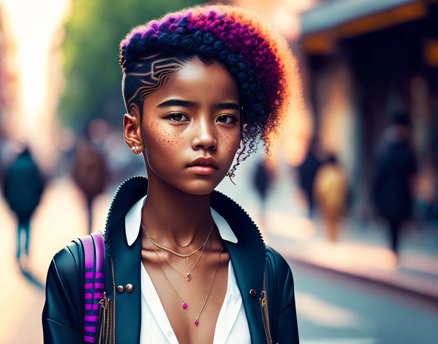 Young woman with purple-dyed hair and spiked leather jacket on city street