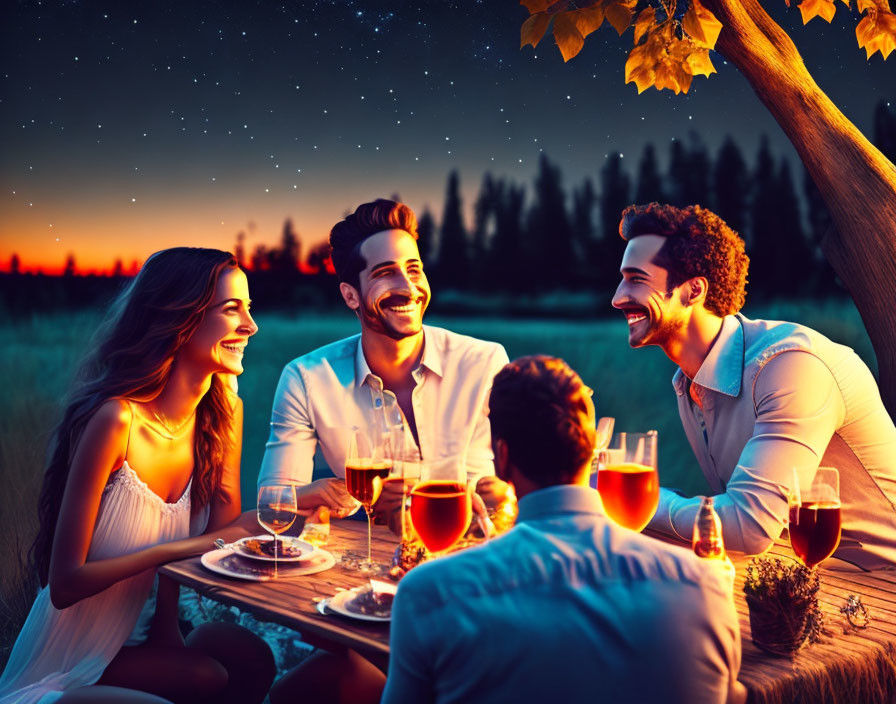 Friends dining outdoors under starry sky with wine glasses and lively conversation