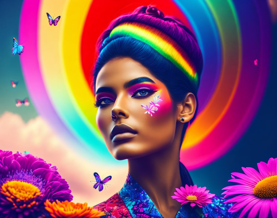 Colorful portrait of woman with rainbow hair, makeup, butterflies, flowers