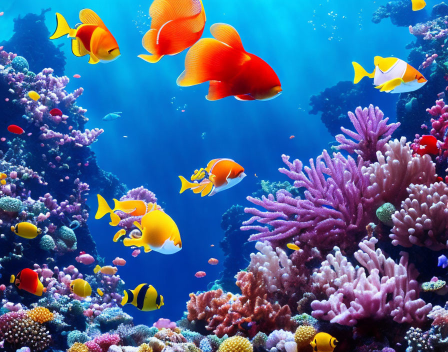 Colorful Tropical Fish Swimming Among Coral Reefs in Vibrant Underwater Scene