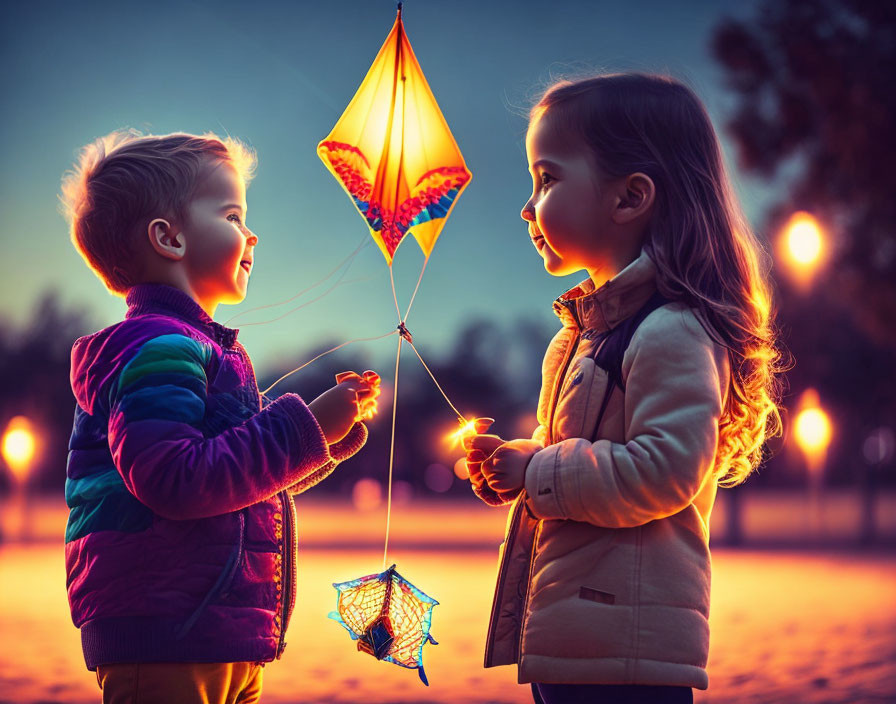 Children with colorful kite at dusk in serene park setting