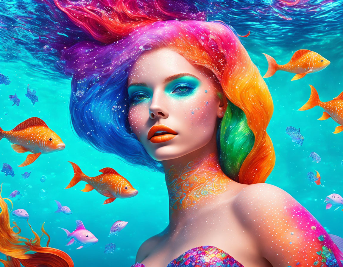 Colorful digital artwork: Woman with rainbow hair underwater with orange and pink fish
