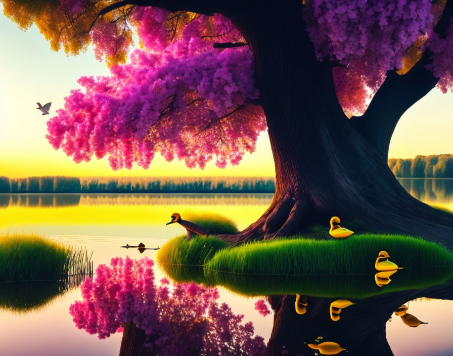 Colorful Tree and Ducks by Lake at Sunrise or Sunset