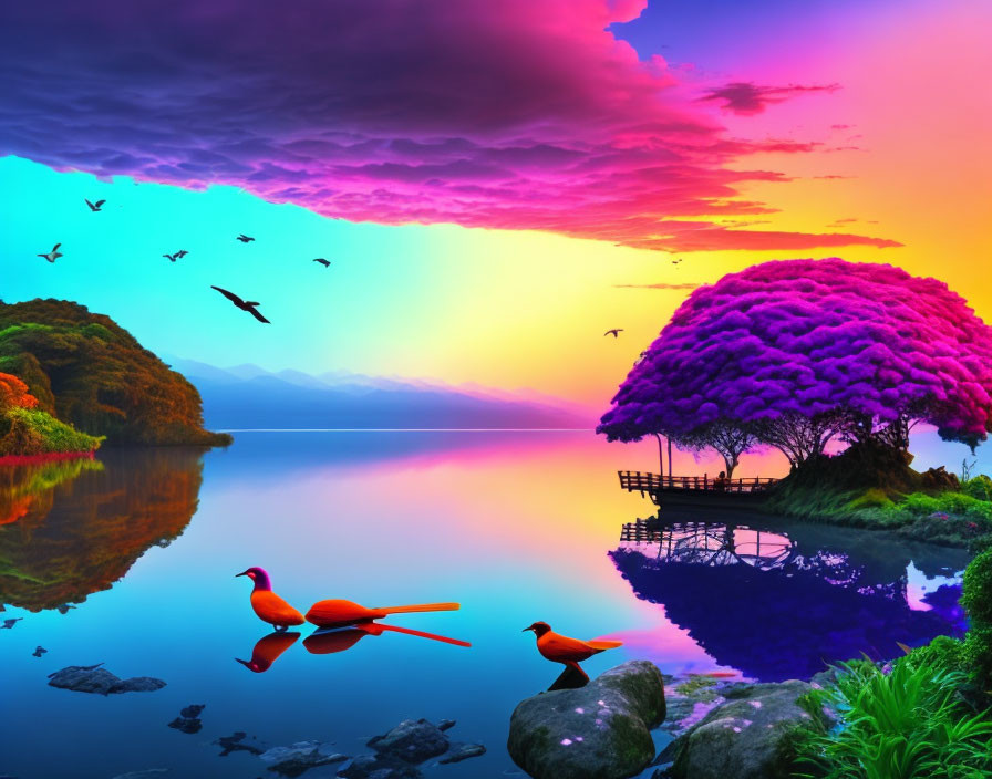Colorful landscape with birds, tree, lake, and gazebo at sunset