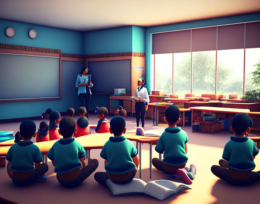 Classroom scene: students facing teacher by blackboard with sunlight and open book