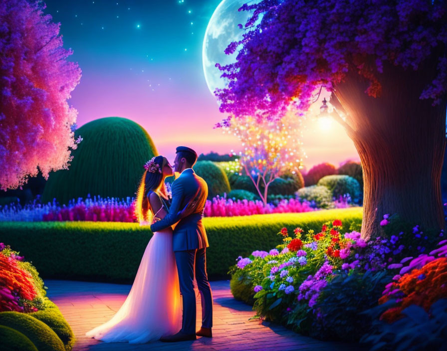 Romantic couple embraces in mystical garden under starry sky