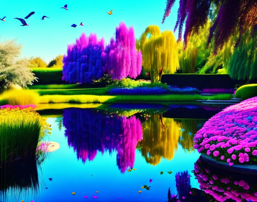 Colorful Trees, Lush Bushes, Serene Pond, Birds in Flight - Vibrant Garden