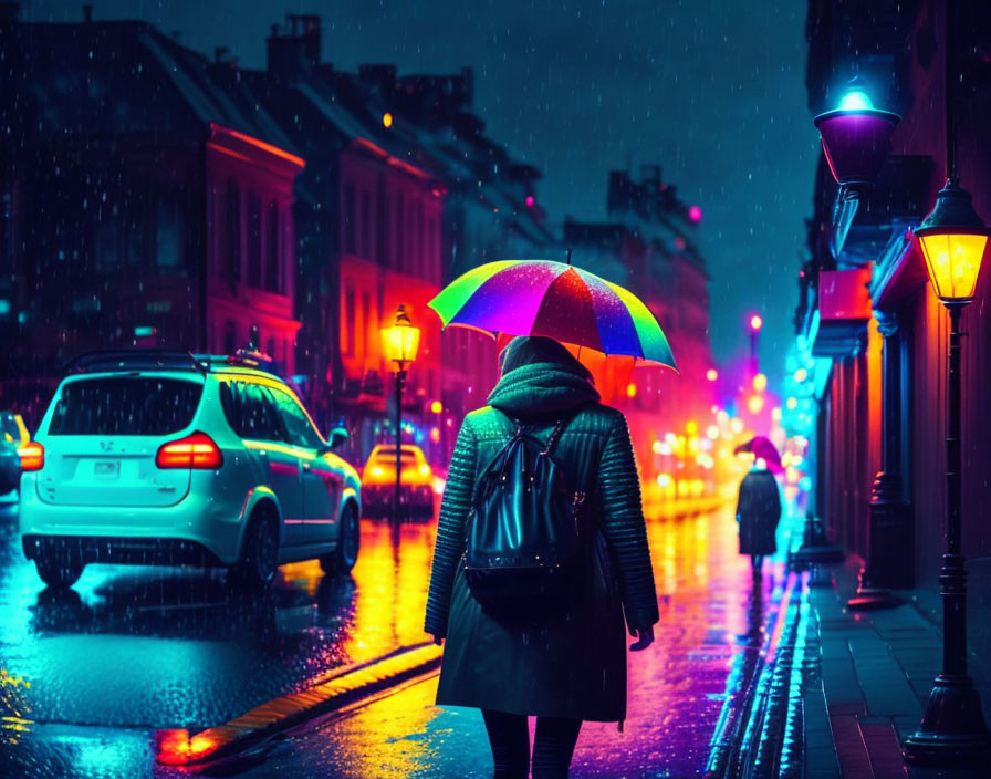Colorful umbrella-wielding person strolls city street at night under vibrant lights.