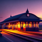 Twilight train station with warm interior lights, rainy weather, purple sky