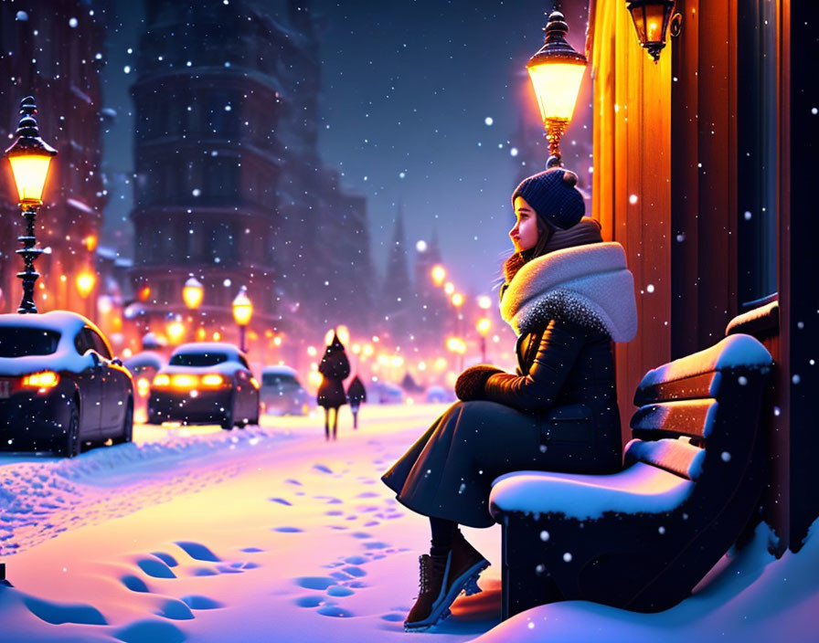 Person in Winter Clothes on Snow-Covered Bench at Night