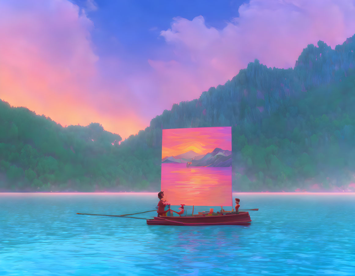 Digital Art: Serene lake scene with rowboat and surreal sunset frame