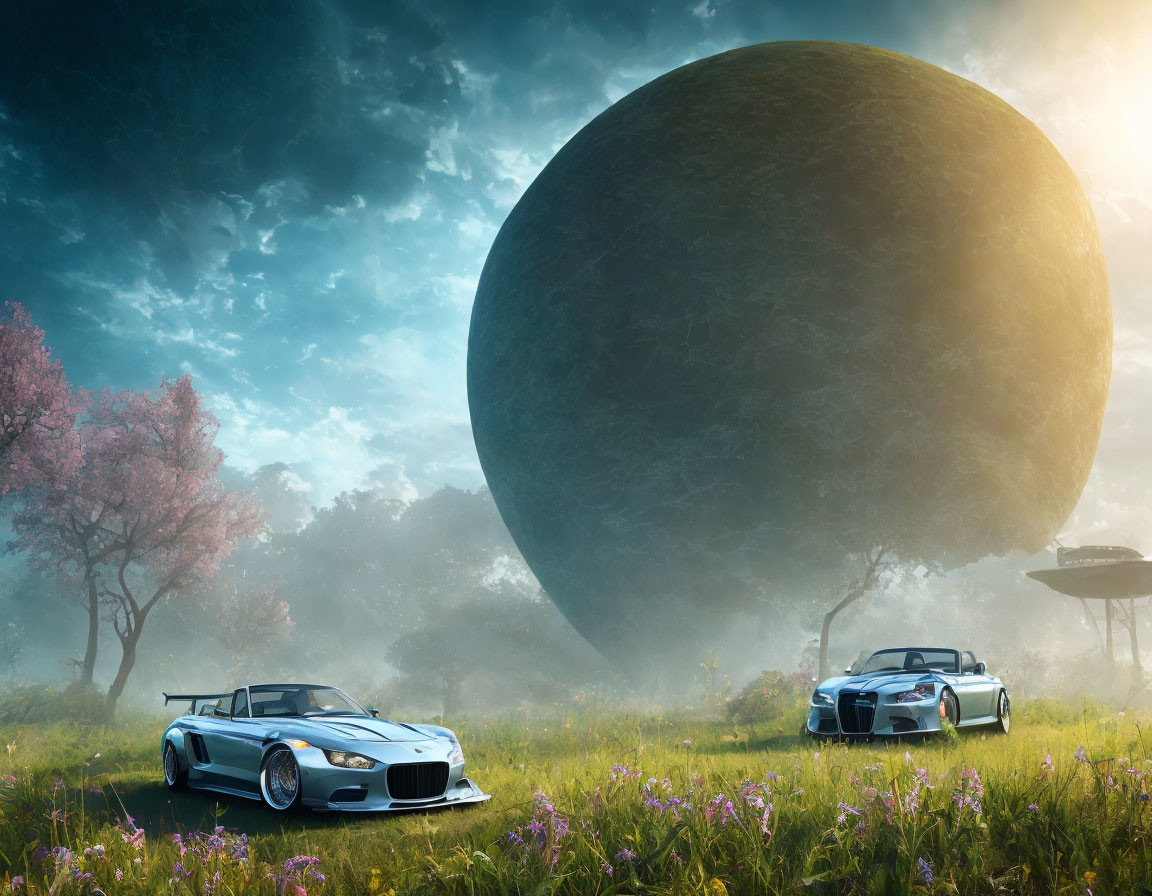 Fantasy landscape with sports cars, giant planet, pink trees, and futuristic structures.