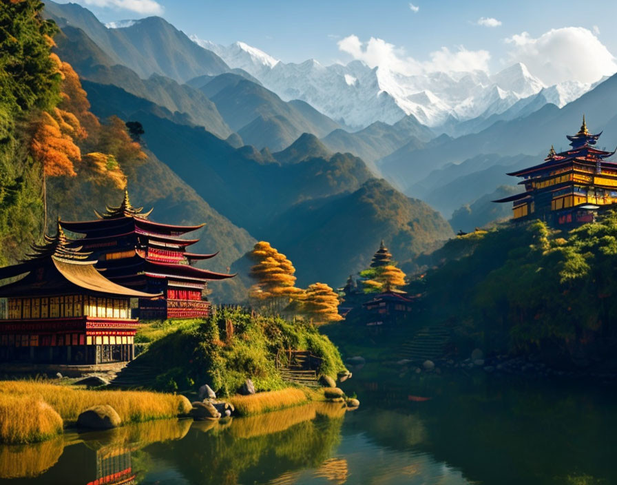 Asian Temples Surrounded by Lake, Mountains, and Autumn Trees
