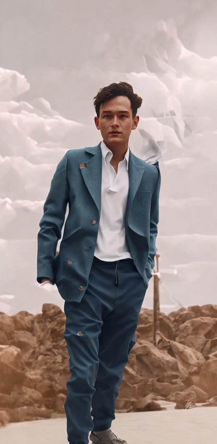 Stylish man in blue blazer on rocky path with cloudy sky