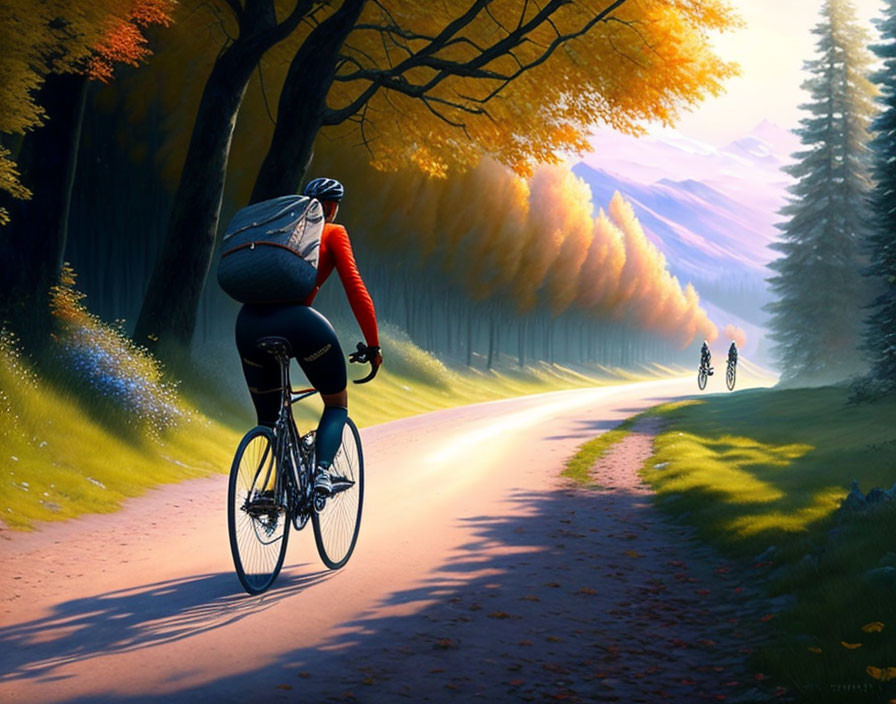 Cyclist on scenic autumn road with mountain backdrop