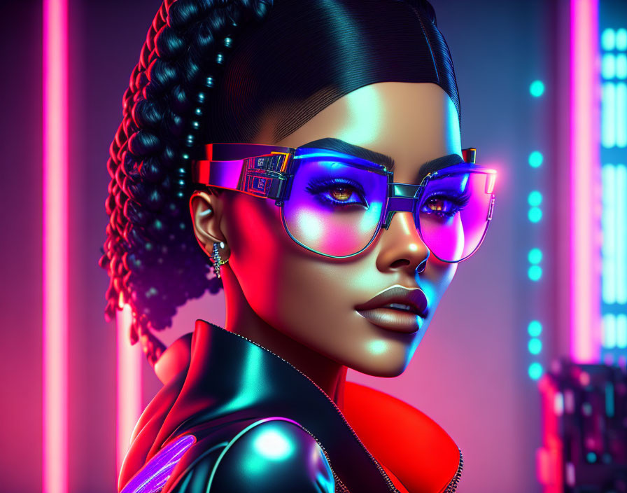 Digital artwork: Woman with braided hair and neon-lit glasses in cyberpunk setting