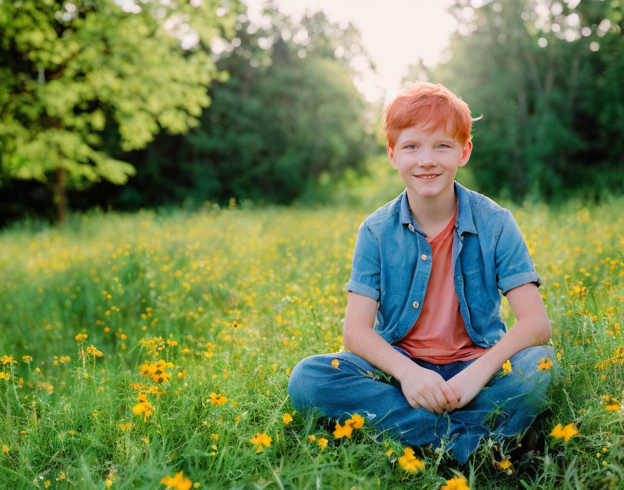 Red-haired boy sitting in sunny meadow with yellow flowers and trees