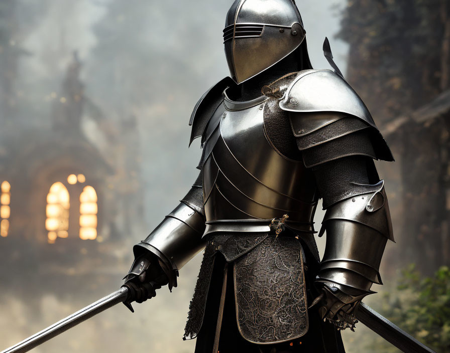 Knight in shining armor with spear in medieval setting