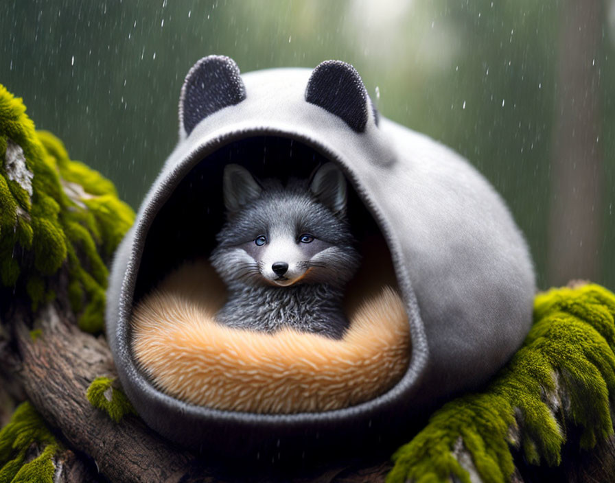 Fox Resting in Raccoon Pet Bed on Moss-Covered Log in Rain