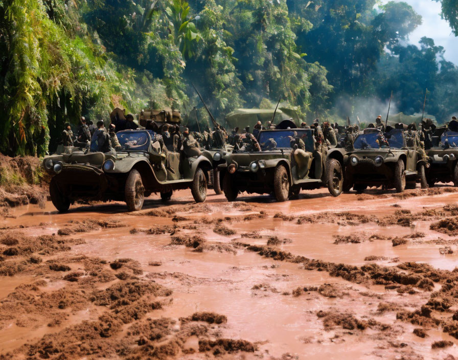 Military vehicles and soldiers maneuver through dense forest terrain.