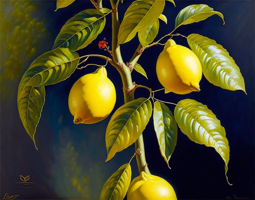 Detailed Painting of Lemon Branch with Ripe Lemons