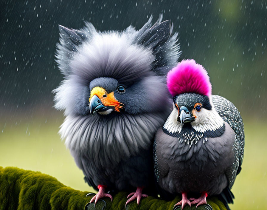 Colorful Stylized Birds with Fluffy Feathers Perched in Rain