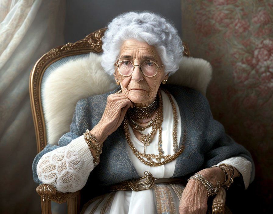 Elderly woman with white hair and glasses in ornate chair