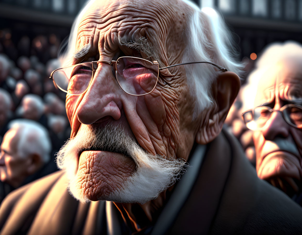 Elderly man with glasses and white beard in crowd scene
