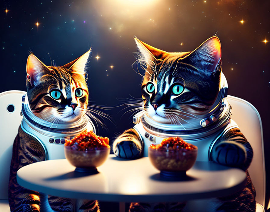 funny cats in spacesuits, waiting for food,