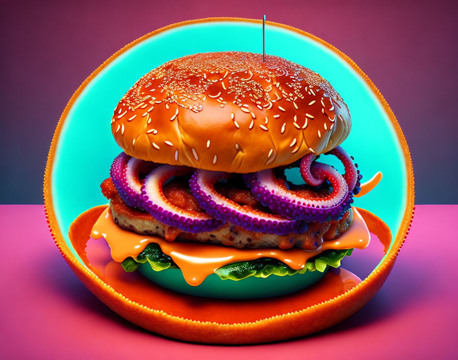 Colorful Burger with Sesame Bun, Lettuce, Cheese, Patty, and Tentacle F
