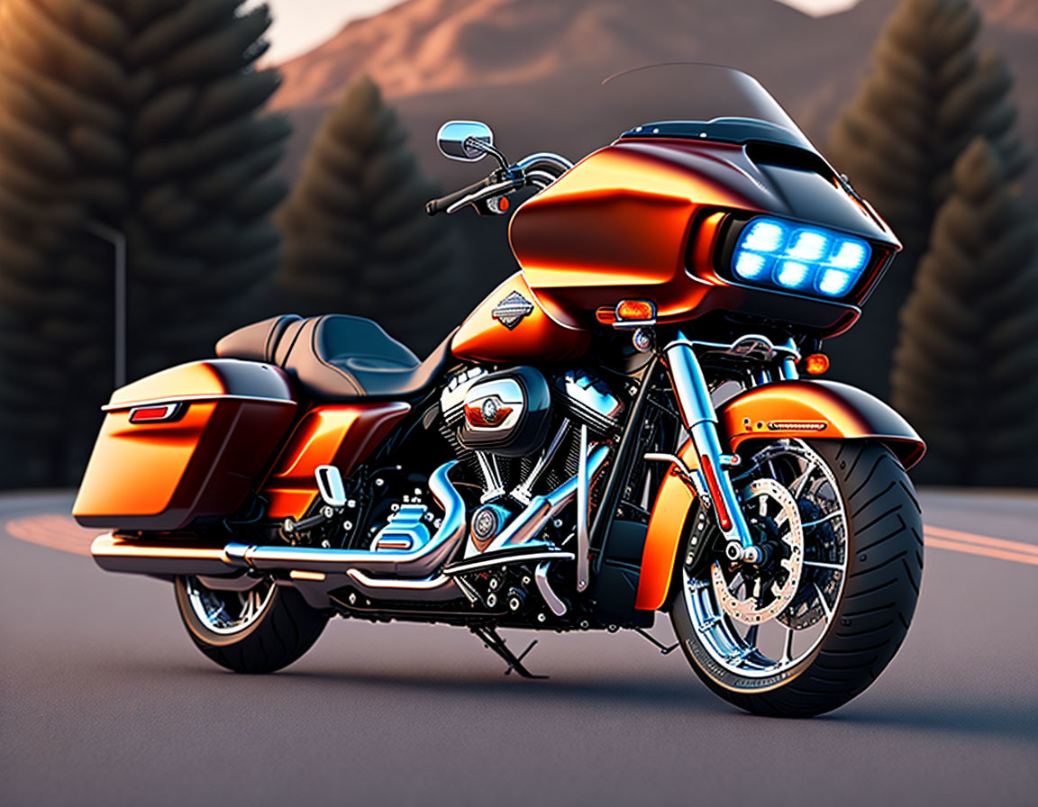 Shiny orange touring motorcycle with saddlebags and front fairing on road at dusk
