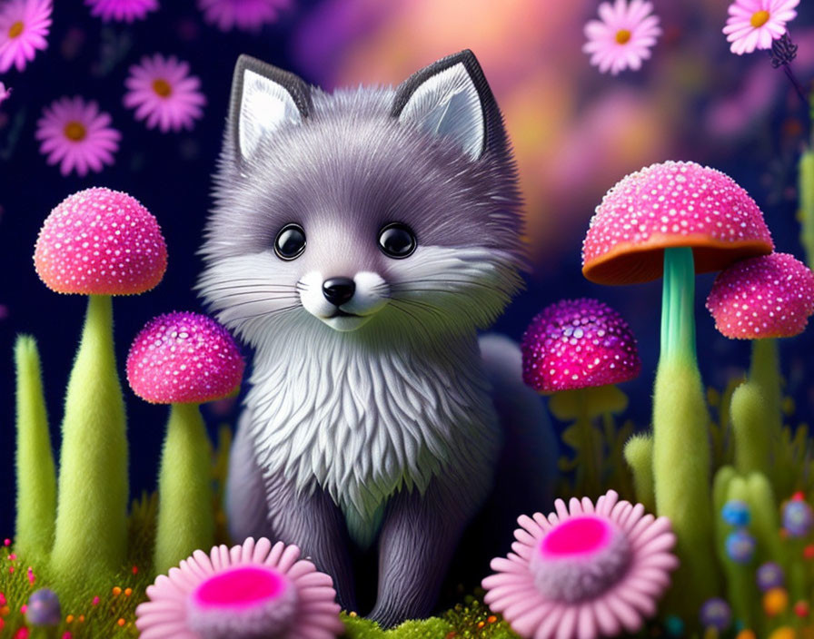 Anthropomorphic gray fox with pink mushrooms, green grass, and purple flowers on dark backdrop