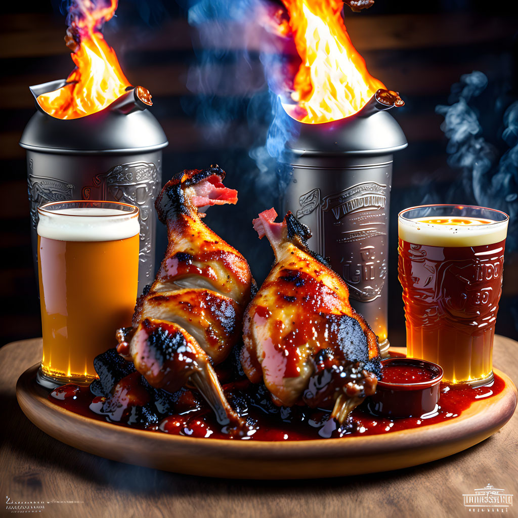 Flamed Grilled Chicken with Beer and Sauce on Rustic Plate