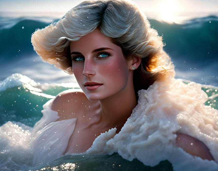 Digital Art: Woman with Blue Eyes and Blonde Hair in Ocean Waves