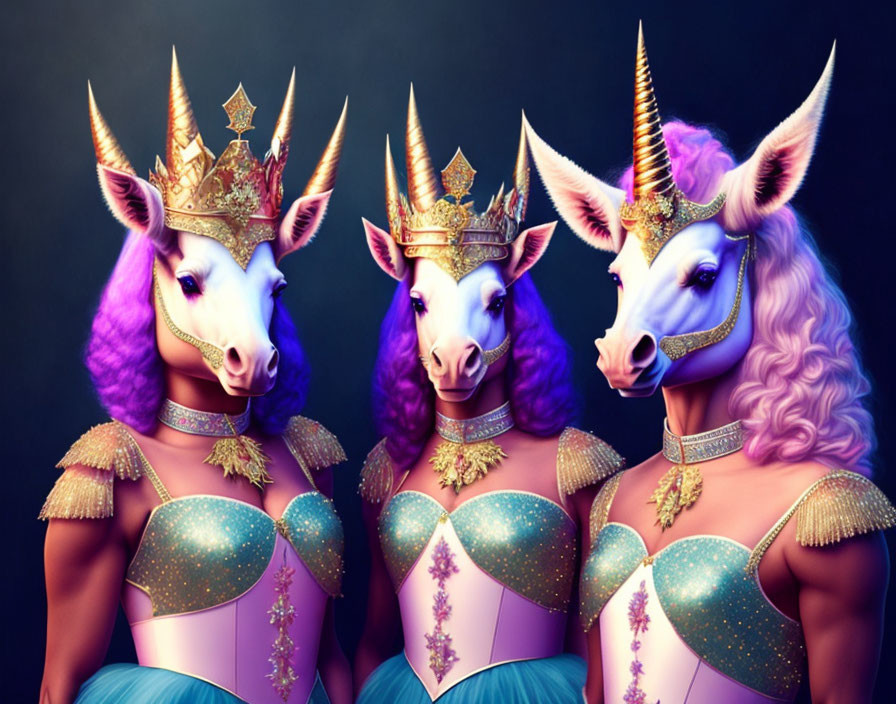 Three majestic unicorns with purple manes and golden crowns in elegant armor.