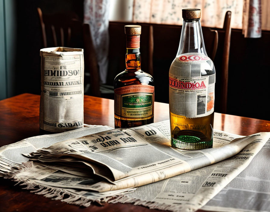 Three wrapped liquor bottles on table with newspapers in dimly-lit room