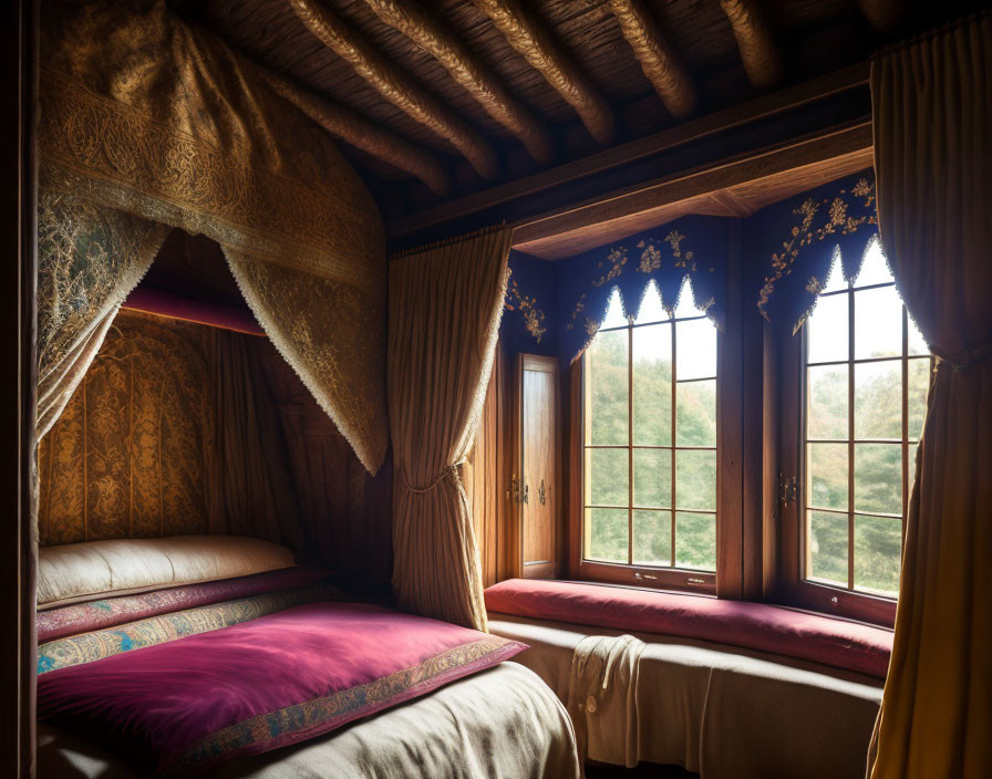 Medieval-style Bedroom with Canopied Bed and Window Seat