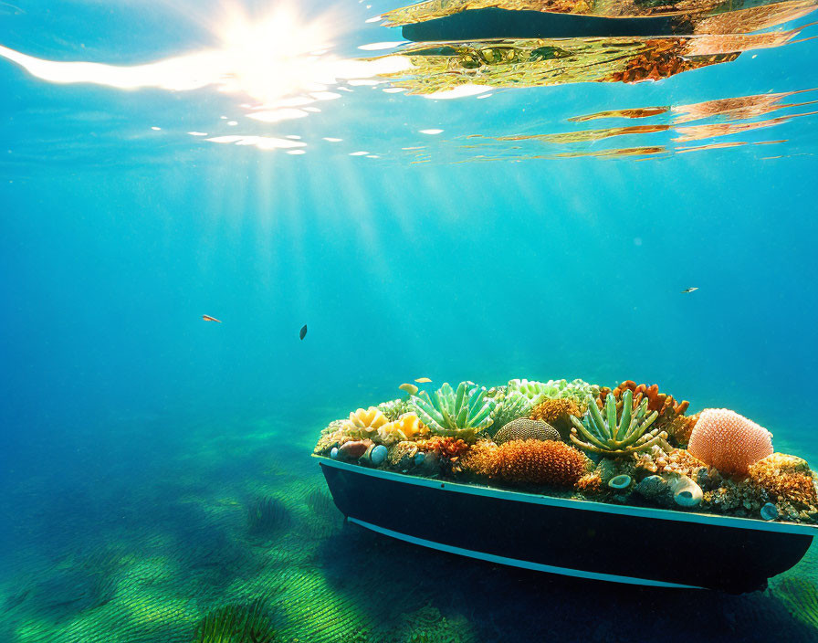 Vibrant coral reef teeming with marine life under sunlight in clear blue ocean.