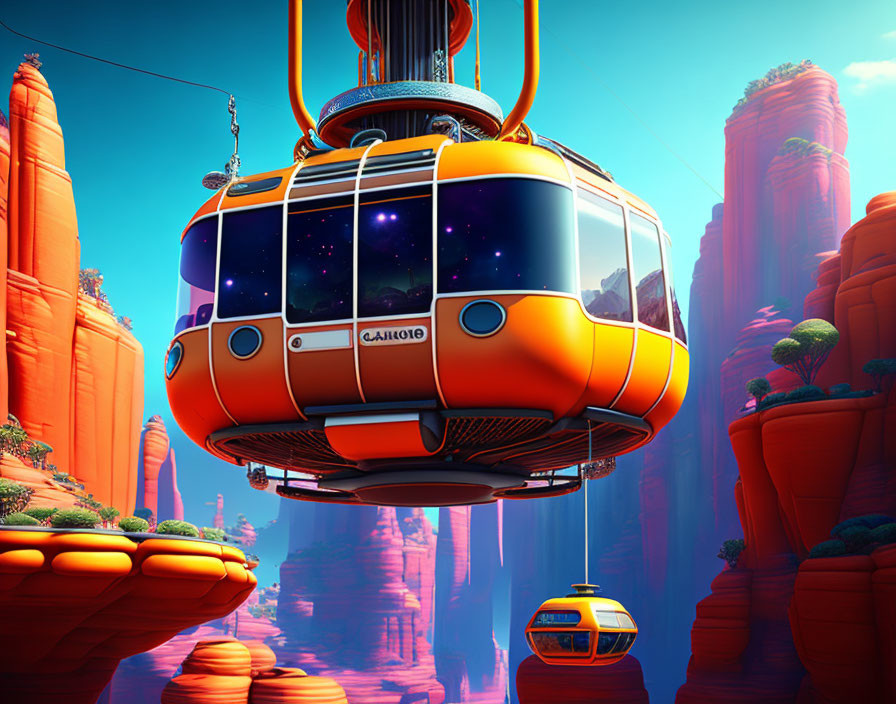 Futuristic orange cable cars in a canyon landscape with red rock formations