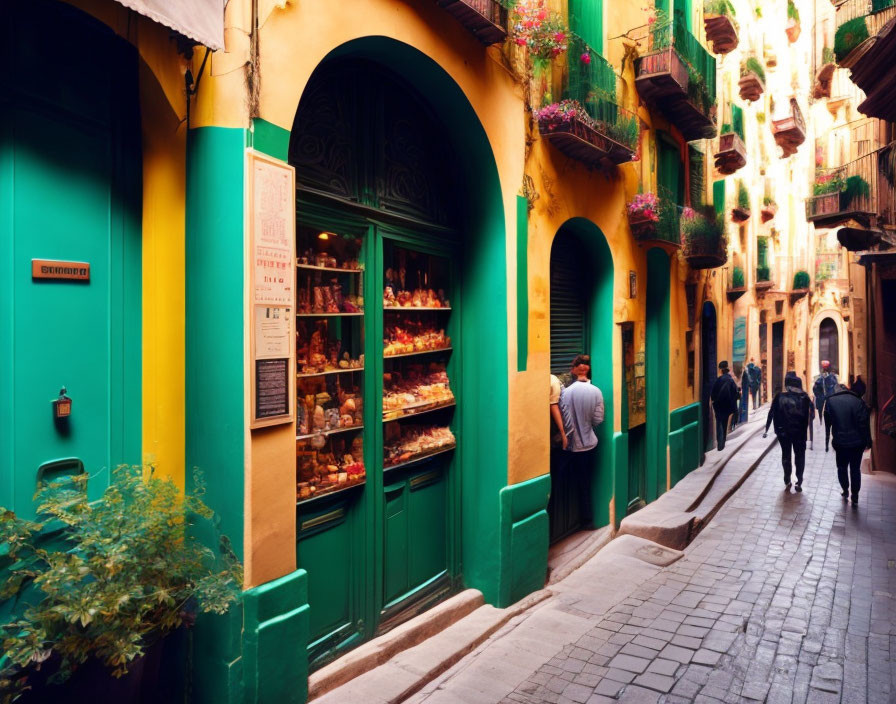 Colorful street scene with green storefront, pedestrians, and hanging plants.
