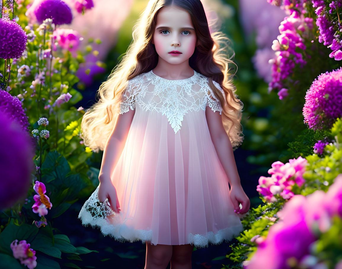 Young Girl in Peach Dress Surrounded by Purple Flowers and Soft Lighting