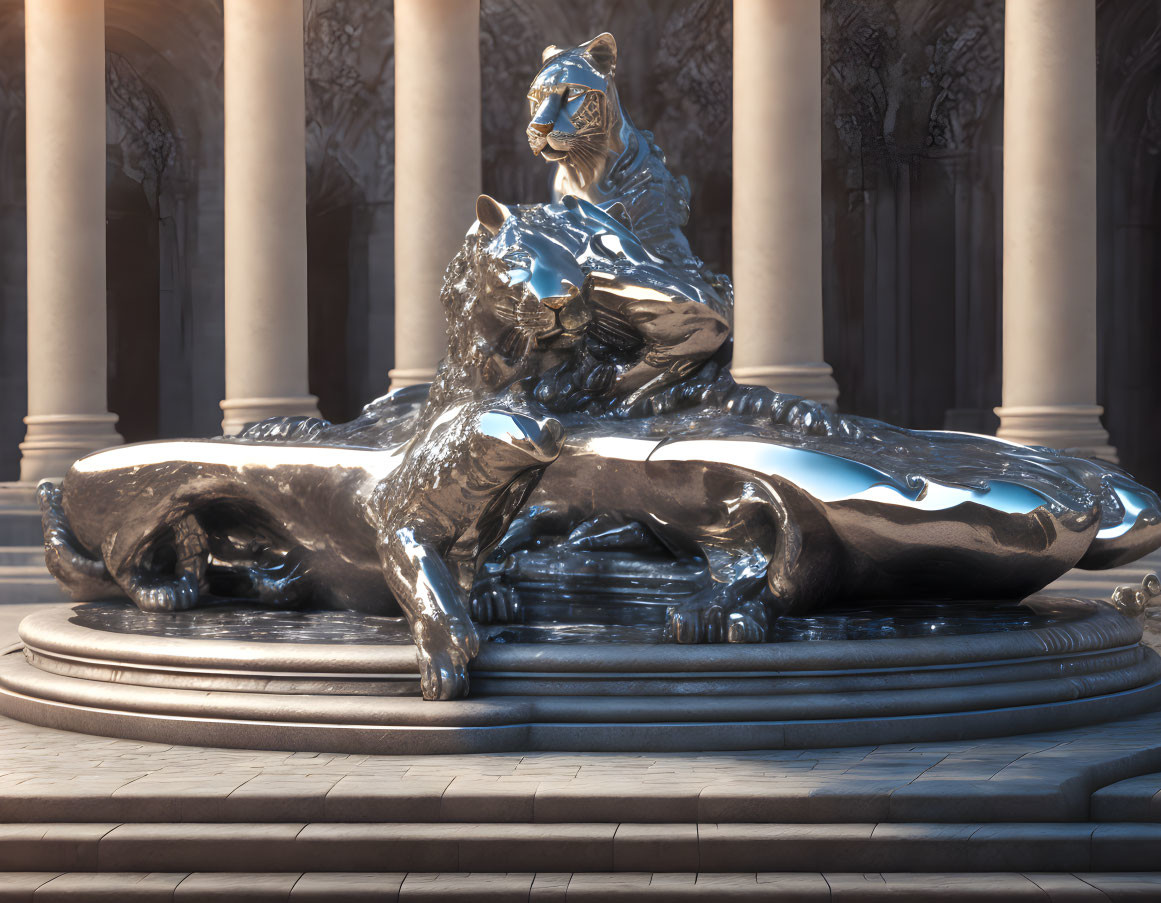 Metallic Tiger Statue on Neoclassical Fountain Base in Courtyard