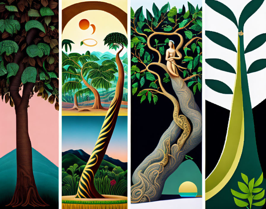 Vibrant Stylized Tree Illustrations with Surreal Landscapes