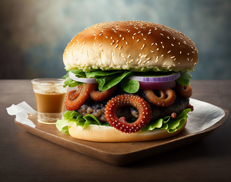 Sesame bun gourmet burger with grilled octopus and fresh veggies on wooden board