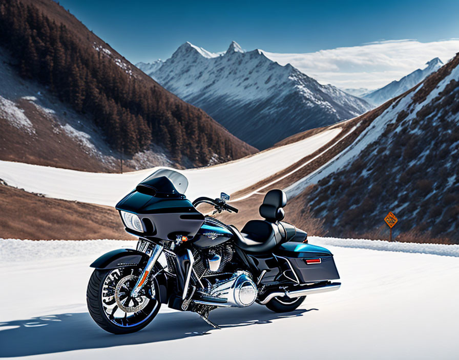 Black Touring Motorcycle on Snowy Mountain Road