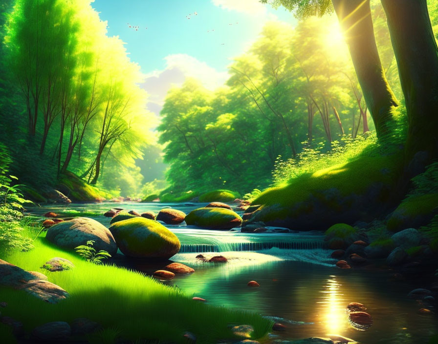 sunny day over a calm flowing stream surrounded by