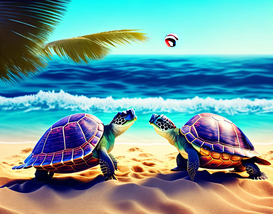 two turtles play volleyball on the beach. sun, pal