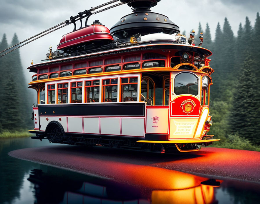 Decorated vintage-style tram suspended over serene river in lush forest